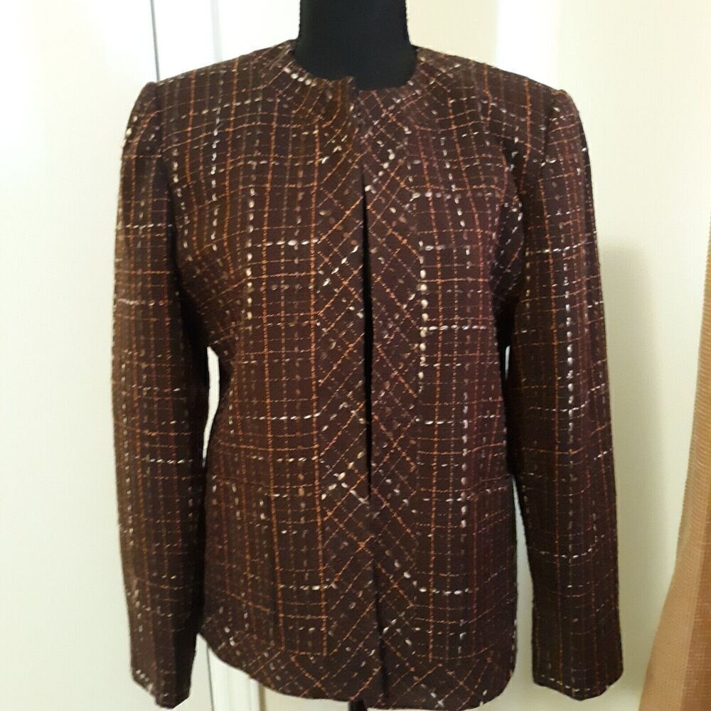 Karen Scott Petites Womens Cropped Open Blazer Brown Tweed Size 8 Petite EUC